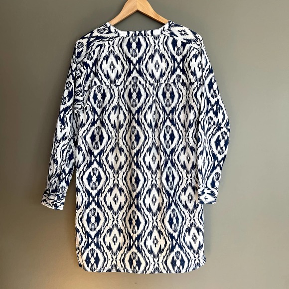 Athleta Printed Kaftan Shirt Dress Tunic Navy Blue White Ikat Medium Cover Up - Picture 10 of 16
